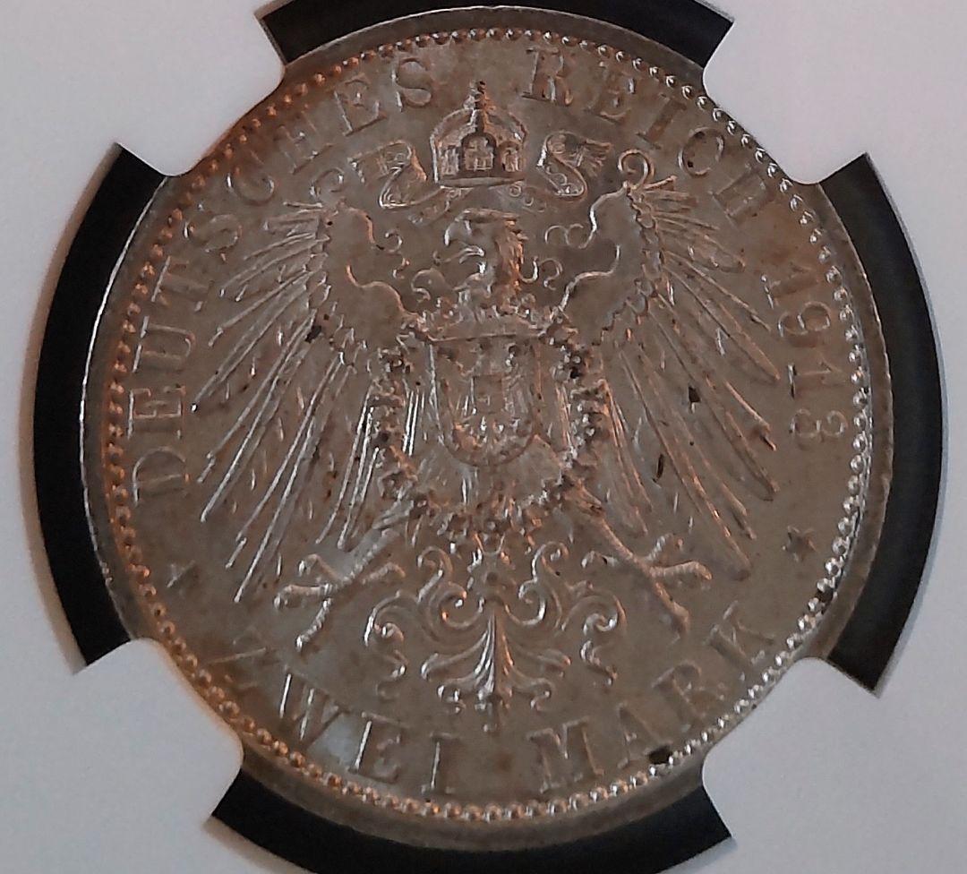 NGC MS63 ドイツ　プロイセン 　ヴィルヘルム２世　1913A 2マルク