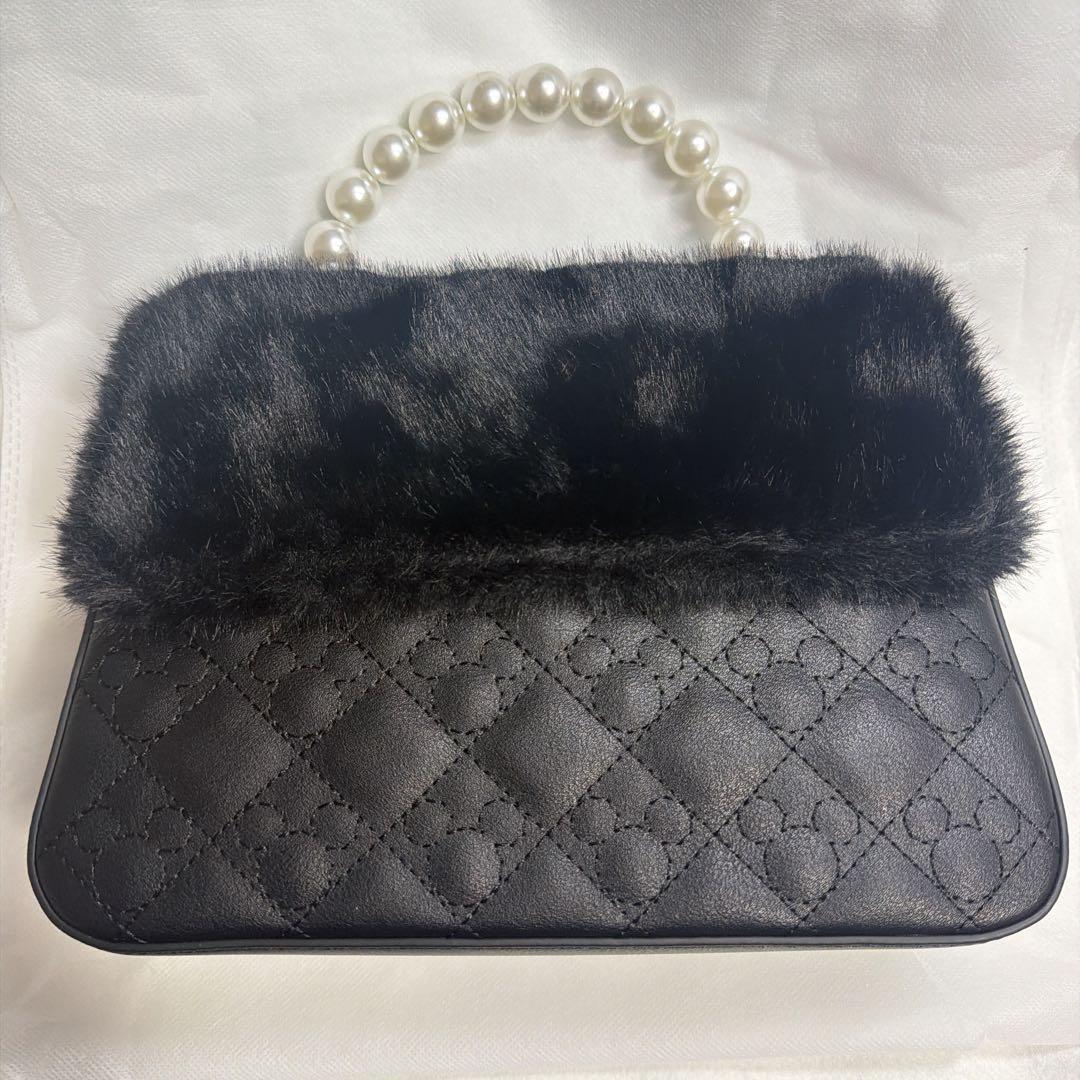 Areeam ミッキー/ファー付きキルティングバッグ　ブラック