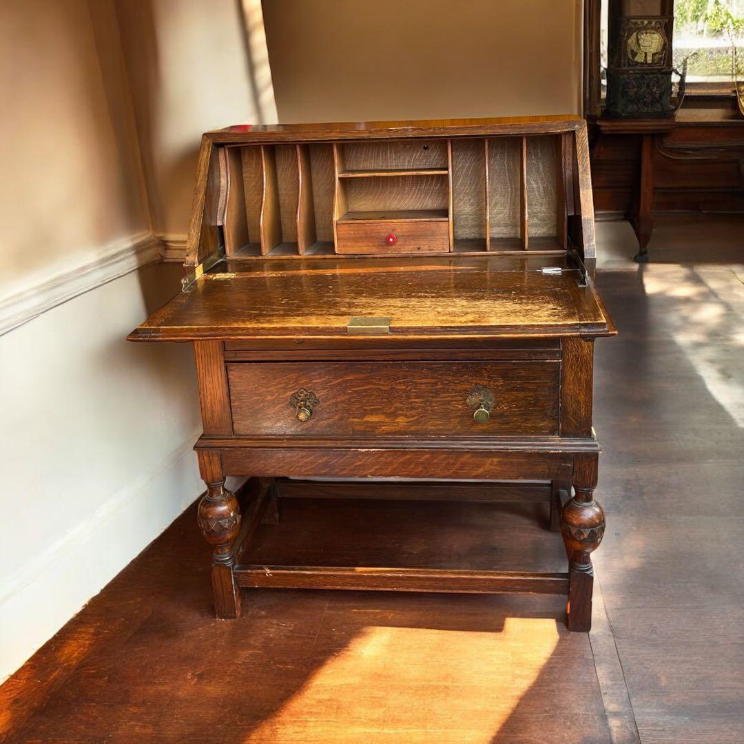 英国 アンティーク家具 ライティングビューロー オーク 1920年代 真鍮