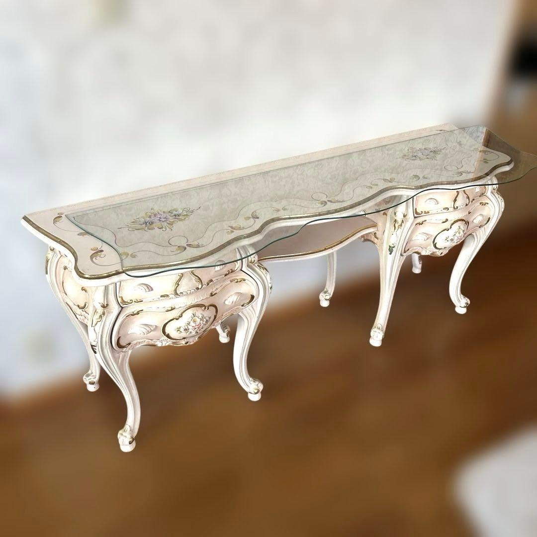 ロココ調のピンクのドレッサー ミラー、椅子 3点セット