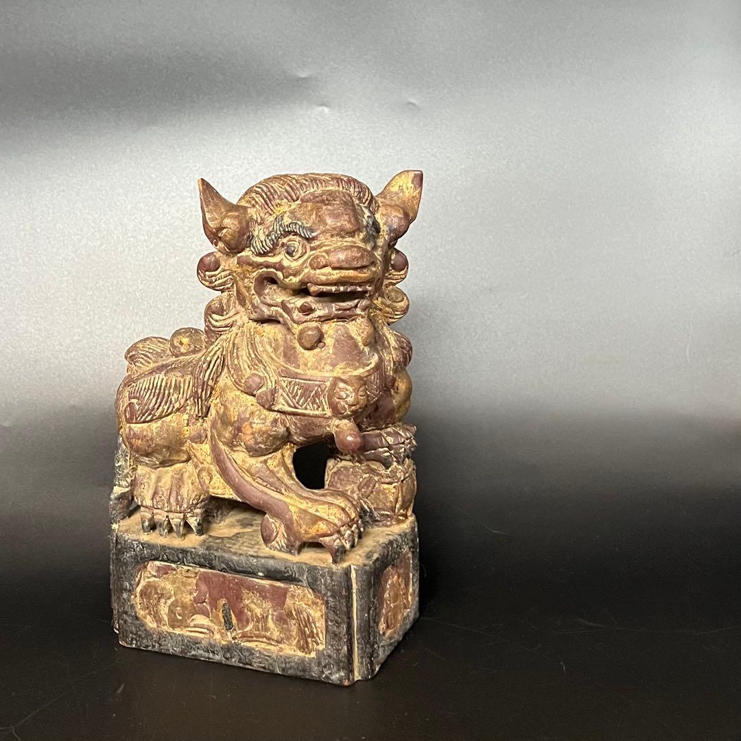 ◎古道具 庵々◎清朝中後期 木彫 守護獅子置物◎狛犬 唐物中国古美術 骨董古寺院