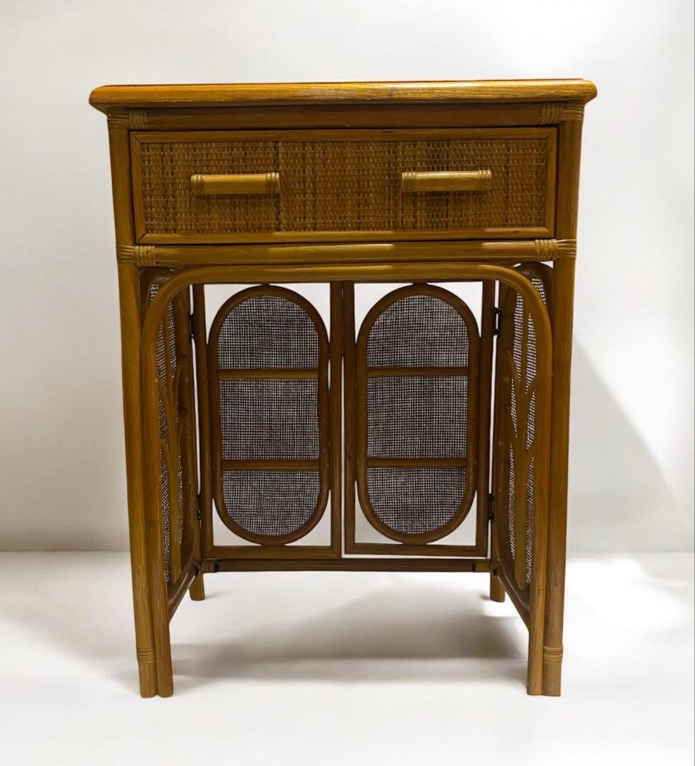 あと1000円値引き★昭和レトロ　アンティーク　ラタンの両引き出し付き花台電話台