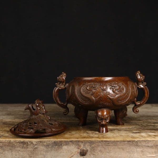 銅製 双竜獣足薫香炉 祥竜纏纏香炉 香道具 装飾品 工芸品 置物