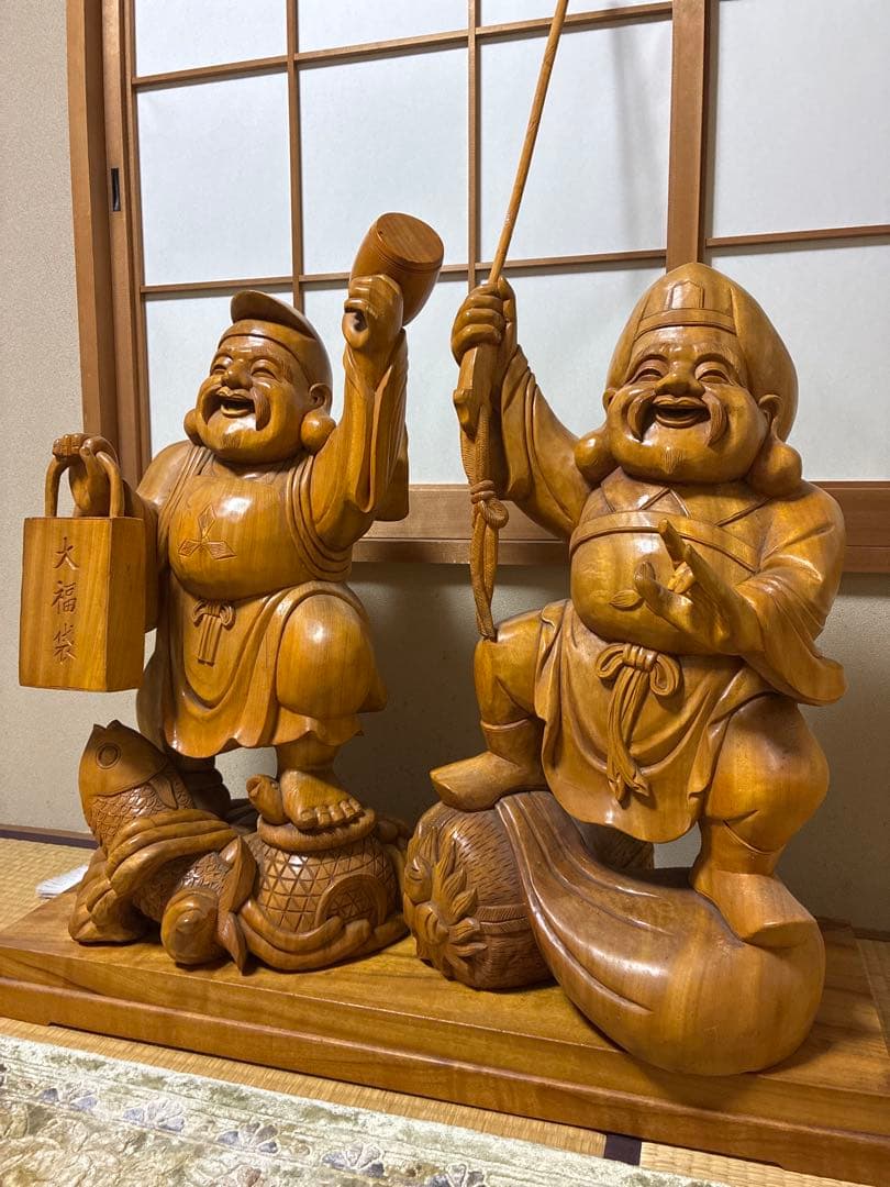 値下げ対応　アンティーク金絲楠木 恵比寿大黒天 木の手彫り一対 80cm 大型