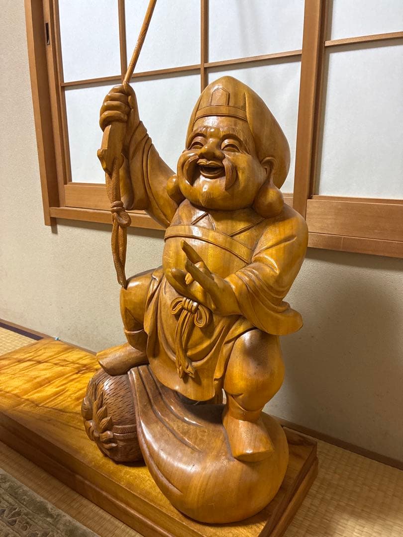 値下げ対応　アンティーク金絲楠木 恵比寿大黒天 木の手彫り一対 80cm 大型