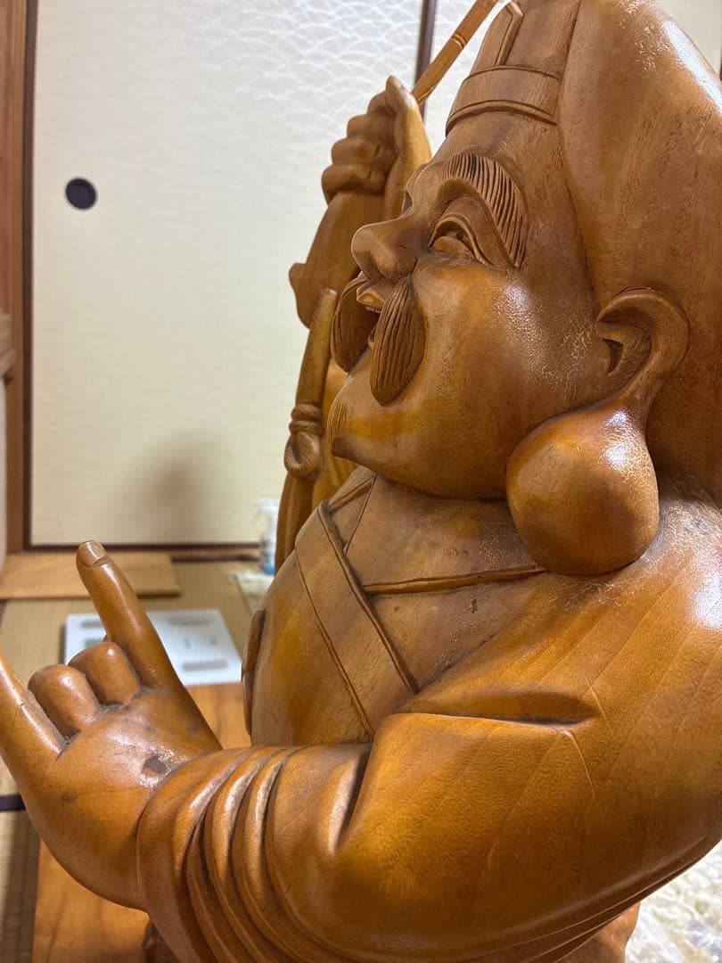 値下げ対応　アンティーク金絲楠木 恵比寿大黒天 木の手彫り一対 80cm 大型