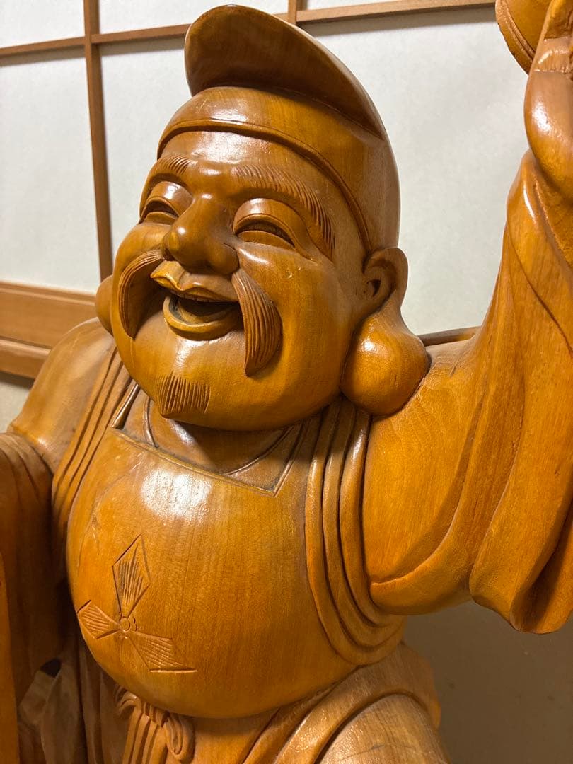 値下げ対応　アンティーク金絲楠木 恵比寿大黒天 木の手彫り一対 80cm 大型