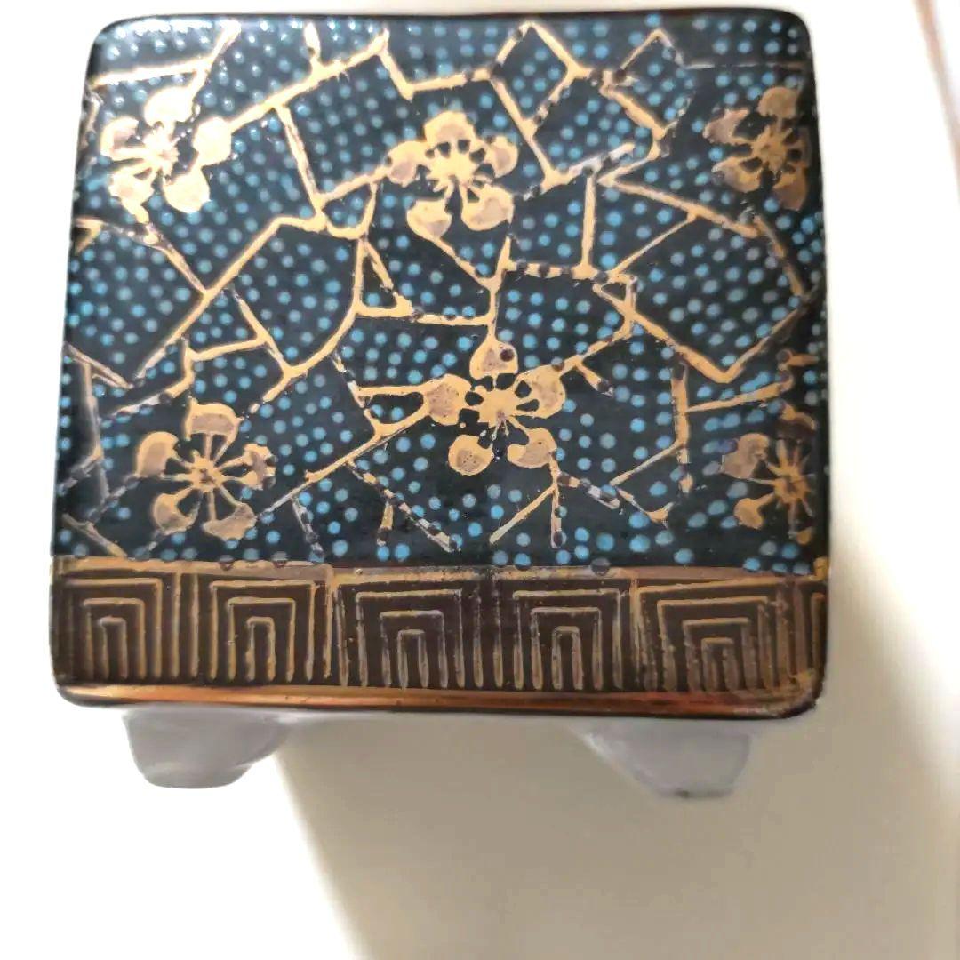 九谷焼　宝岳　ミニ　香炉　青粒金彩　梅 　アンティーク　レア