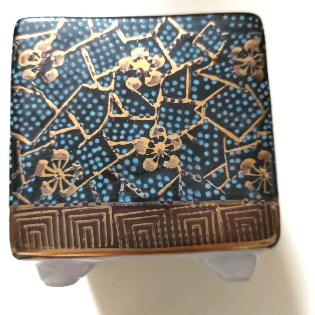 九谷焼　宝岳　ミニ　香炉　青粒金彩　梅 　アンティーク　レア