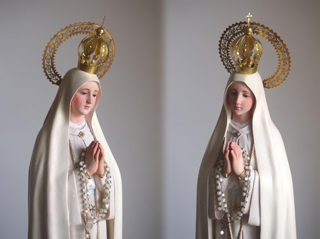 白いローブのファティマの聖母マリア像 グラスアイ69cm 宗教彫刻/K149