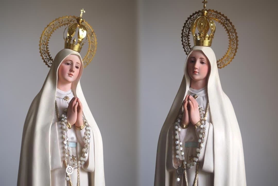 白いローブのファティマの聖母マリア像 グラスアイ69cm 宗教彫刻/K149