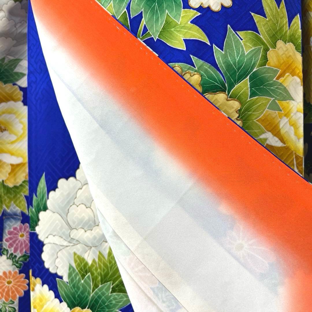 364 振袖フルセット 正絹 青 ブルー 黄色 オレンジ 金彩 駒刺繍 華やか