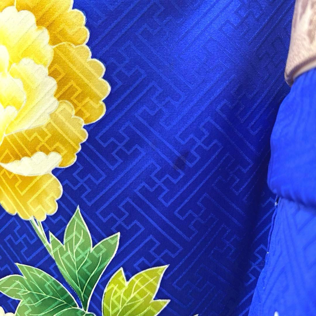 364 振袖フルセット 正絹 青 ブルー 黄色 オレンジ 金彩 駒刺繍 華やか