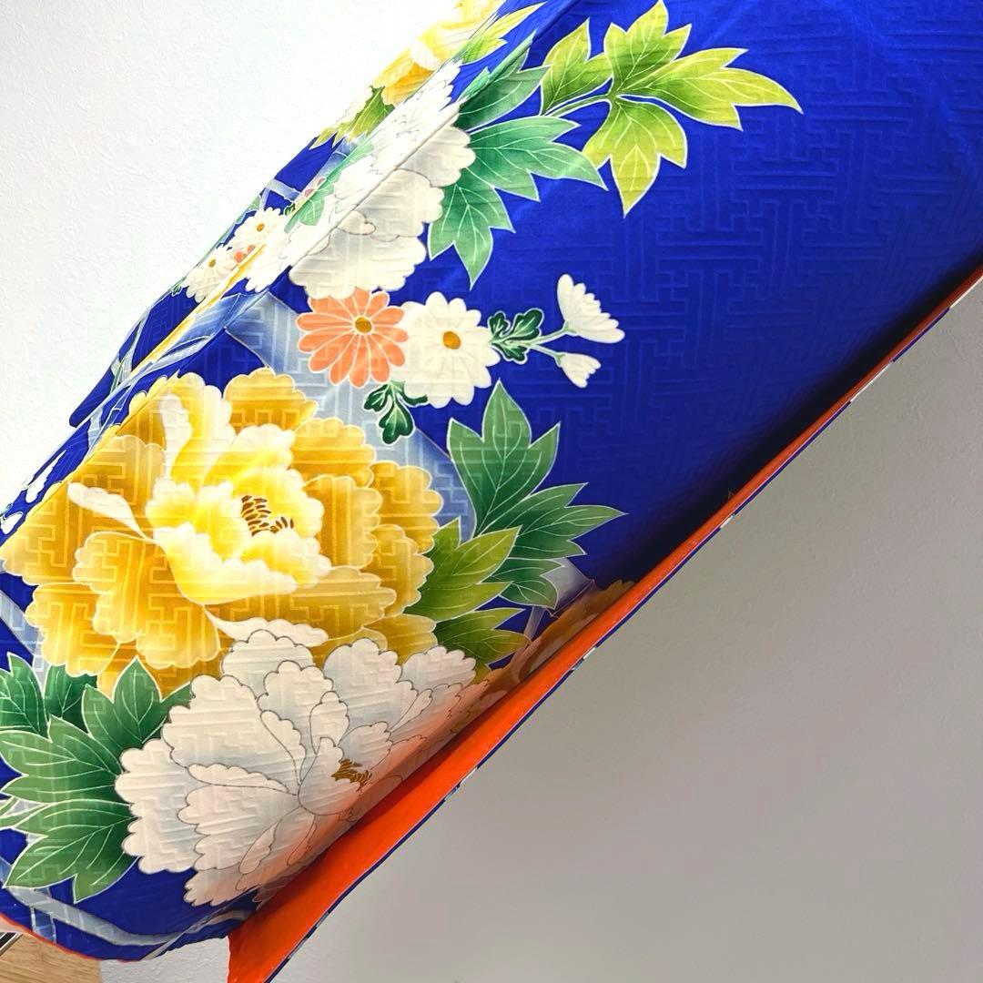 364 振袖フルセット 正絹 青 ブルー 黄色 オレンジ 金彩 駒刺繍 華やか