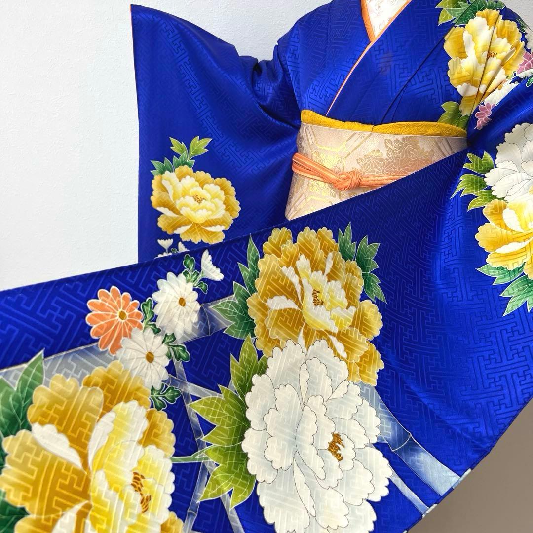 364 振袖フルセット 正絹 青 ブルー 黄色 オレンジ 金彩 駒刺繍 華やか