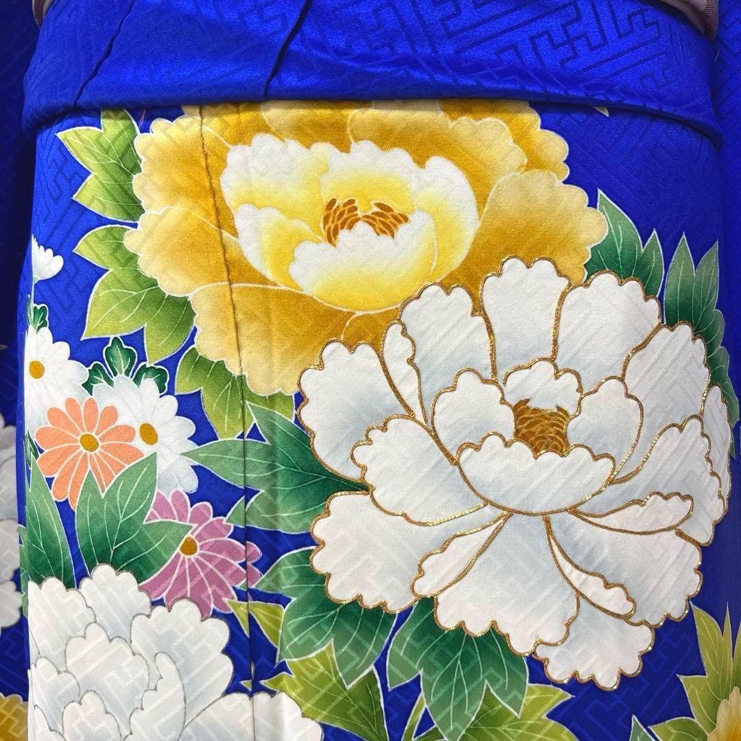 364 振袖フルセット 正絹 青 ブルー 黄色 オレンジ 金彩 駒刺繍 華やか