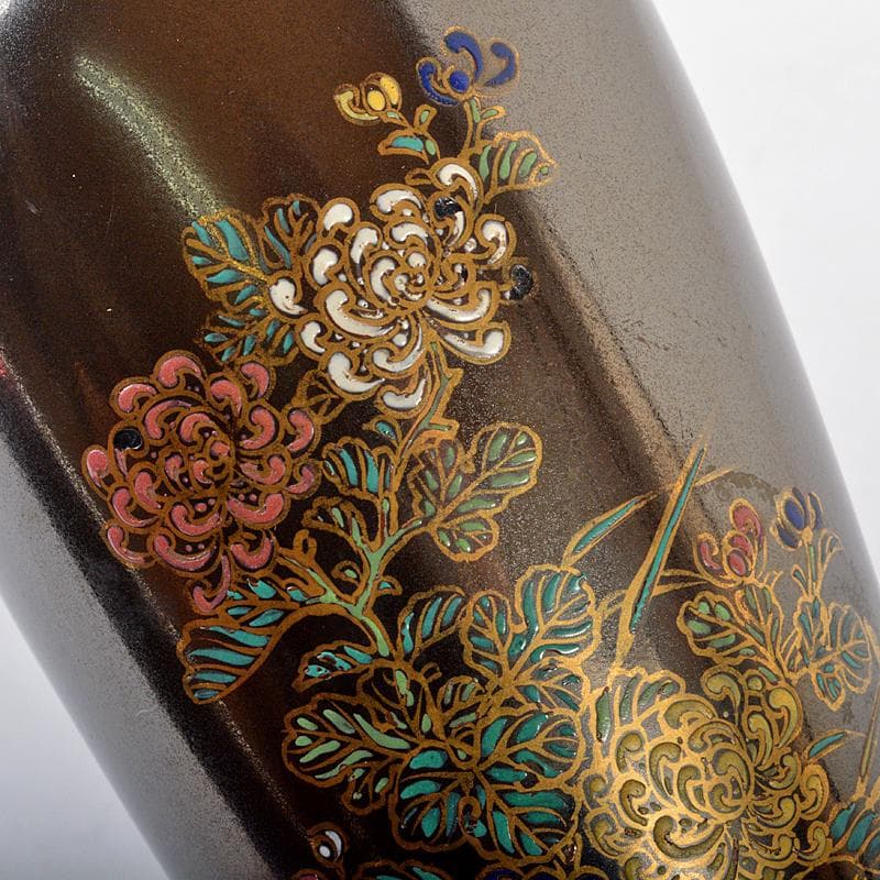 嘉子外製　鉄釉　色絵金彩　福田画　花蝶文瓶　花瓶　唐木台・時代箱付　CR5923