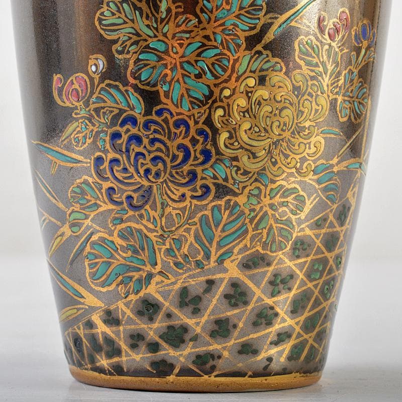 嘉子外製　鉄釉　色絵金彩　福田画　花蝶文瓶　花瓶　唐木台・時代箱付　CR5923