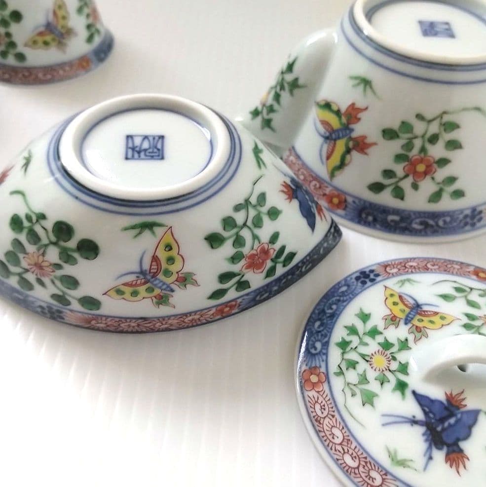 京焼 平安 四代 三浦竹泉 竹泉 色絵花蝶文 煎茶器 宝瓶 茶器 茶道具 極美品