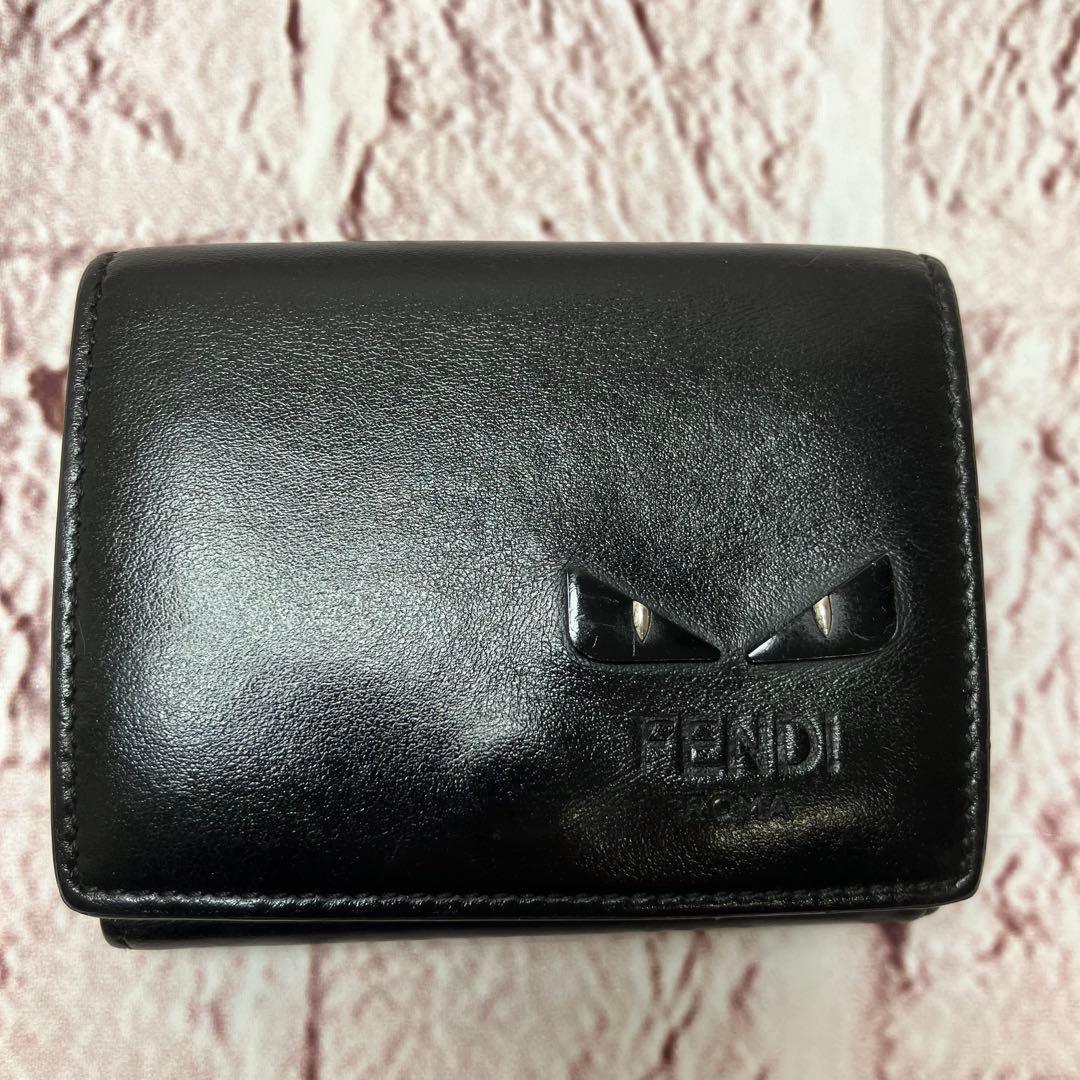 美品✨FENDIモンスター バグズアイ 三つ折り財布 ブラック 本革 レザー