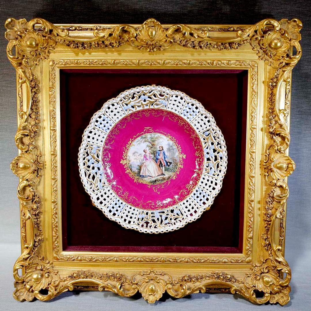 マイセン 忘れな草 透かし彫 恋人 ワトー風 飾り皿 ボタン剣 額装 １９世紀