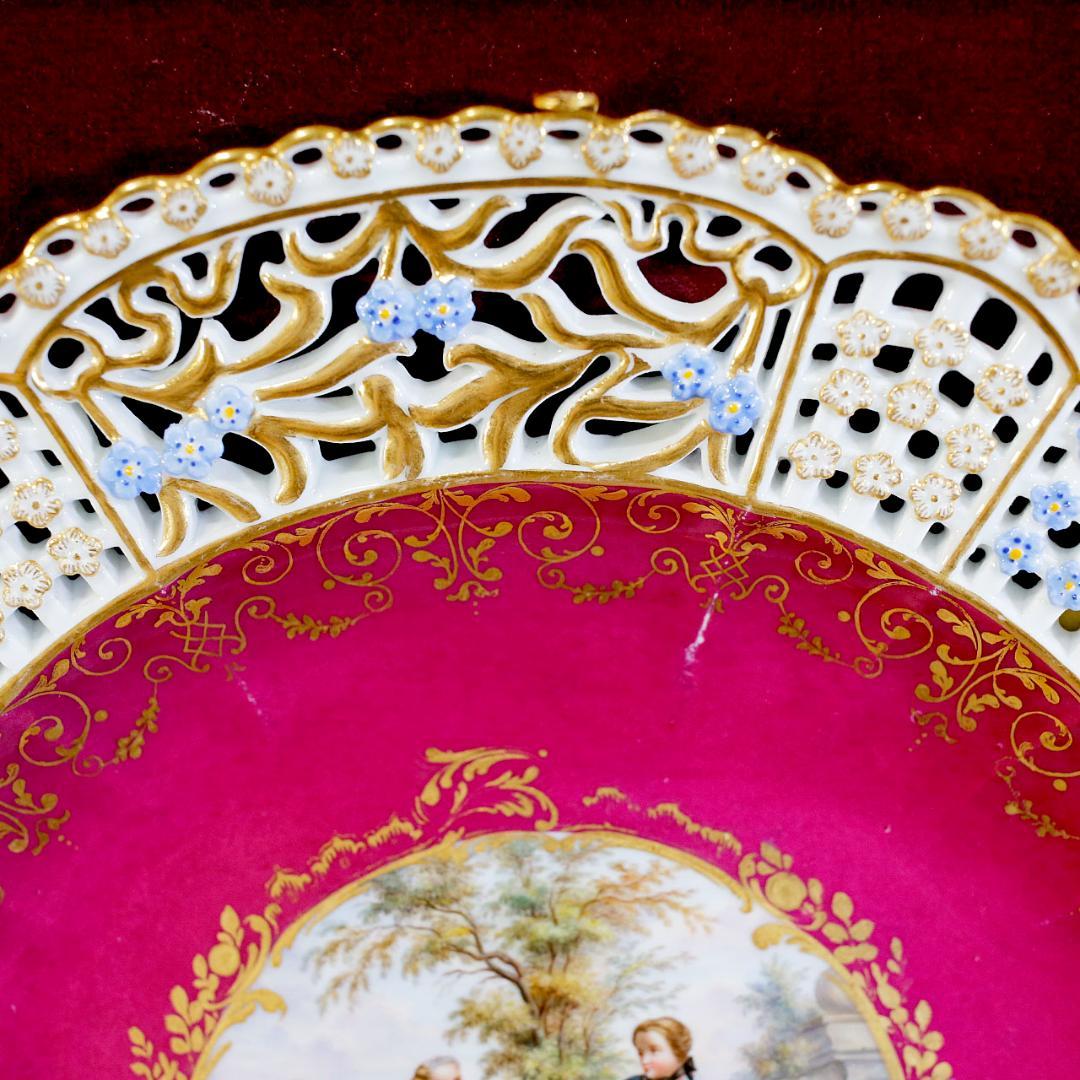 マイセン 忘れな草 透かし彫 恋人 ワトー風 飾り皿 ボタン剣 額装 １９世紀