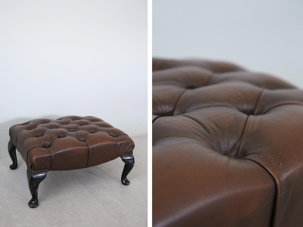 英国アンティークチェスターフィールドフットスツール/レザーオットマン(89-61