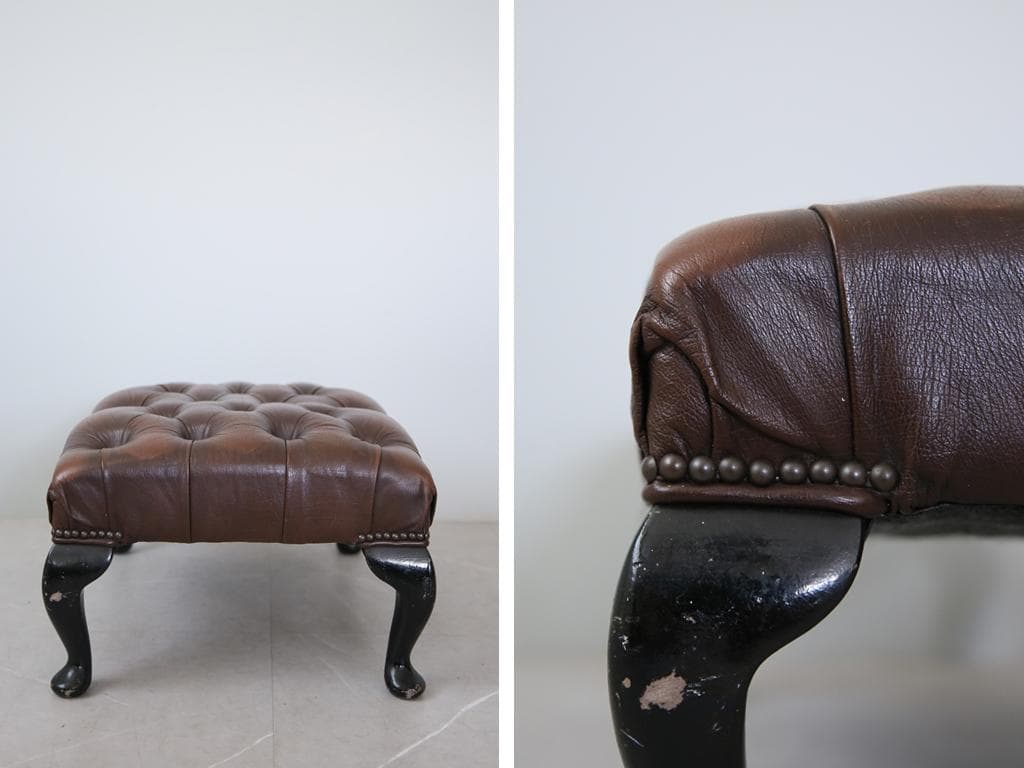 英国アンティークチェスターフィールドフットスツール/レザーオットマン(89-61