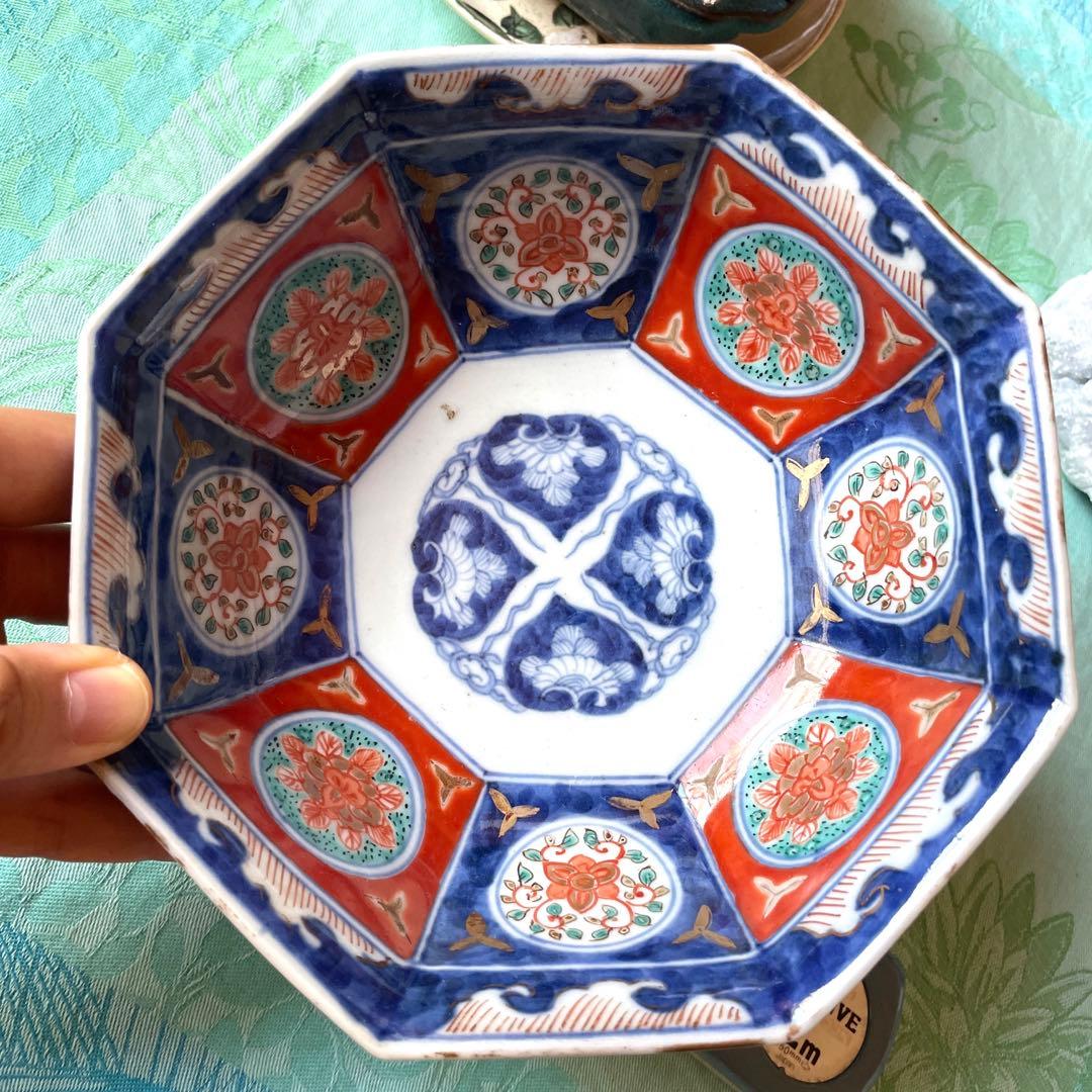 富貴長春　染付　金彩　金襴手　八角鉢