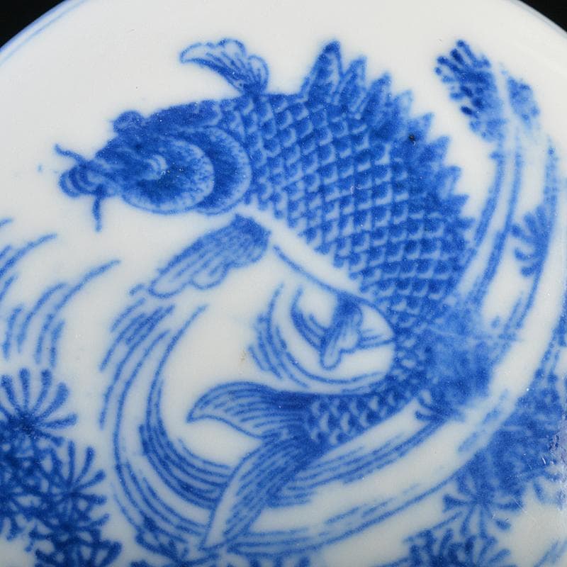 中国　景徳鎮製款　青花　魚藻文　香合　時代箱付　C　R6154