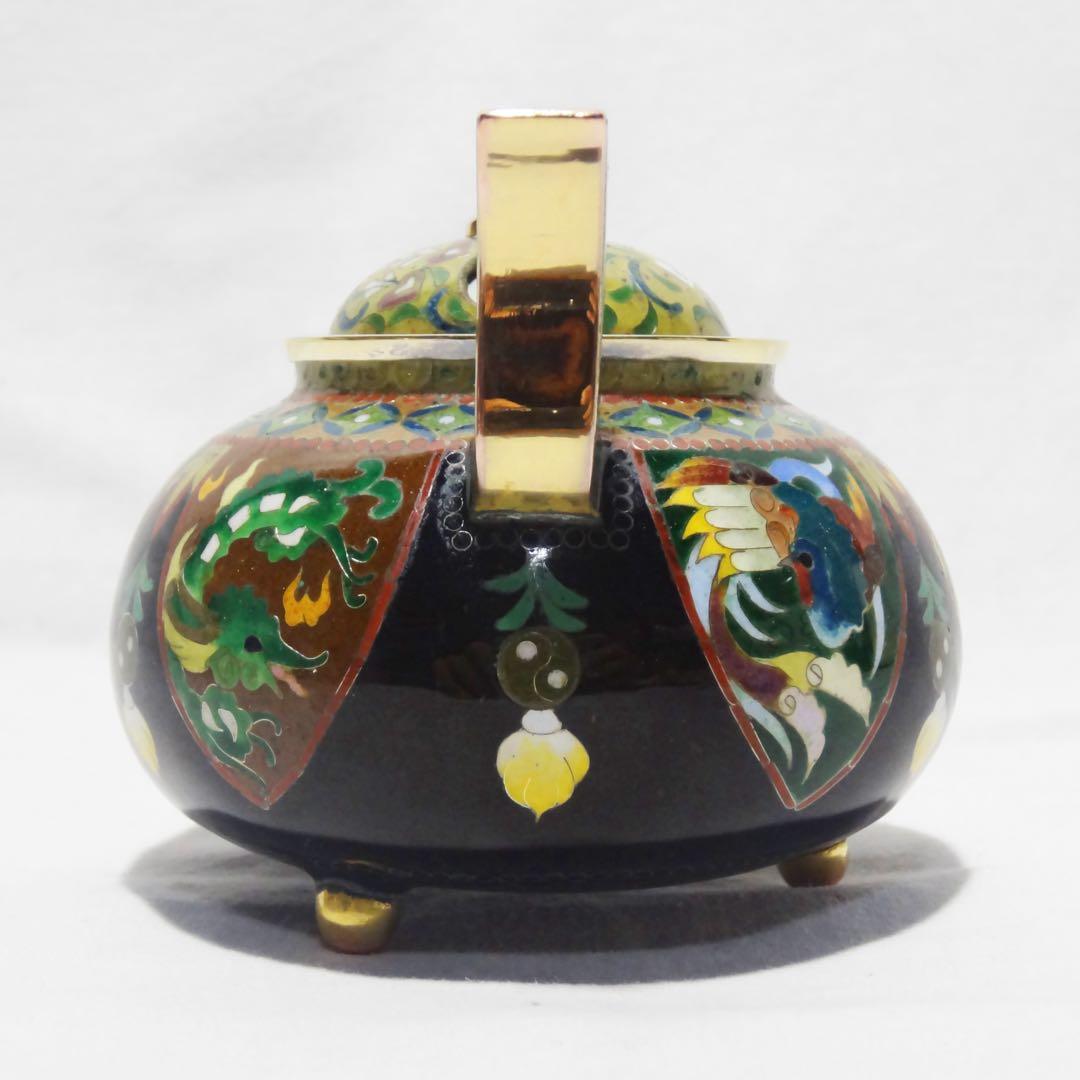 【錦雲軒 稲葉七宝】 玉形耳付古代文 七宝香炉 共箱 茶道具 香道具