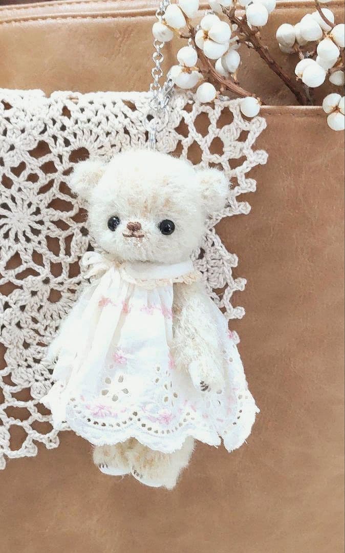 ハンドメイド テディベア バックチャーム 短毛カールモヘア ベージュ色