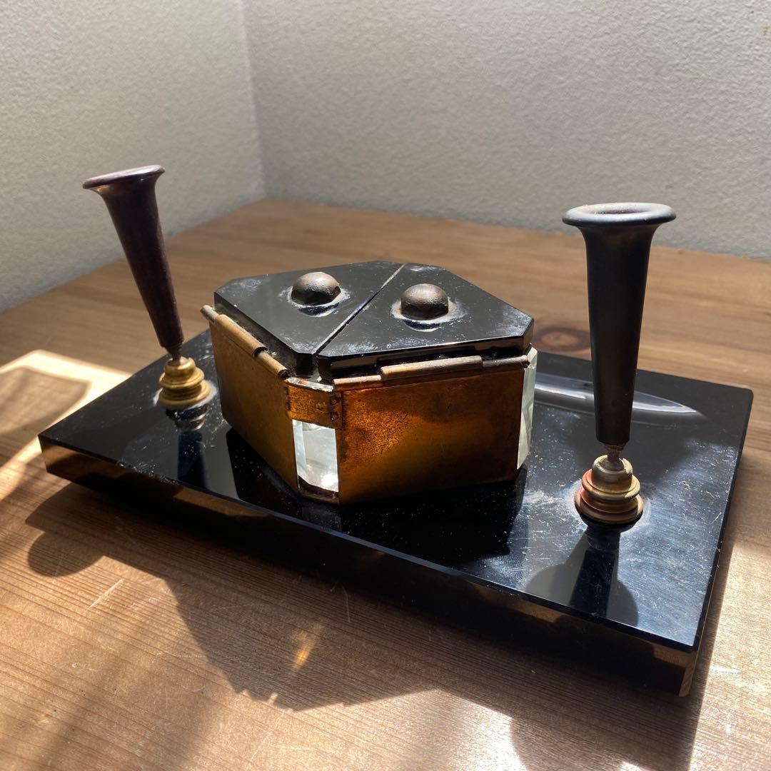 アンティーク　デスク　ペンホルダー インク壺 黒　インクポット　古道具