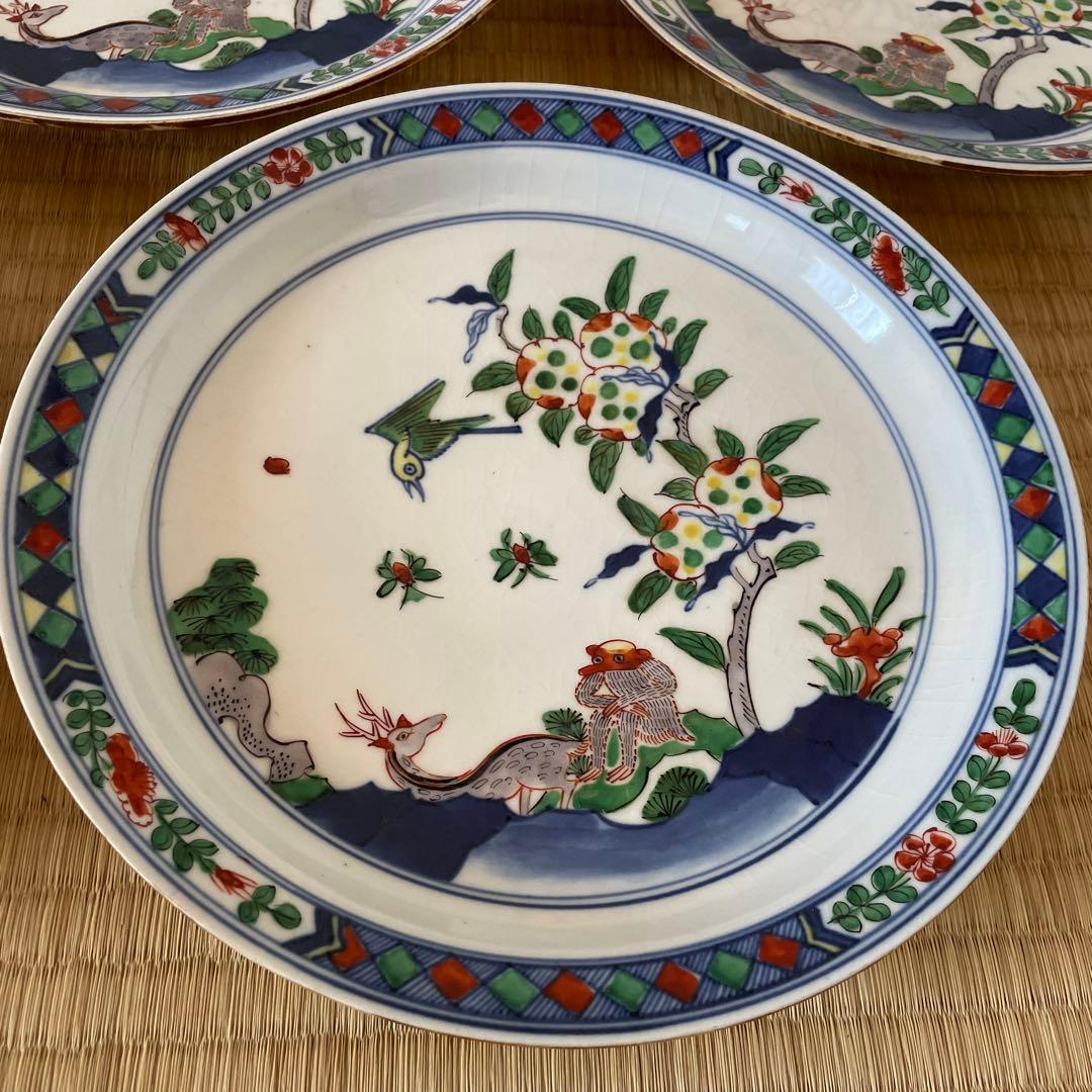 五彩猿鹿蜂文七寸皿　5客　大明成化年製