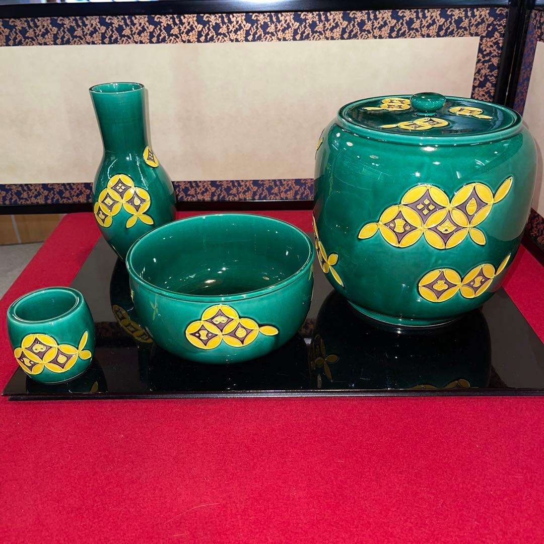 茶道具　翠嵐窯　青コウチ七宝紋皆具