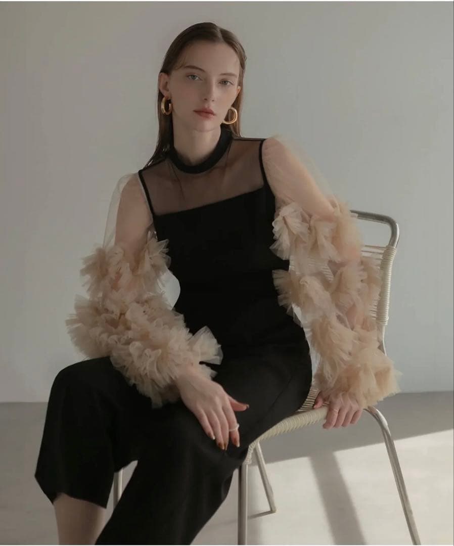 Leja ボリュームチュールスリーブオールインワンパンツドレス　ブラック　S