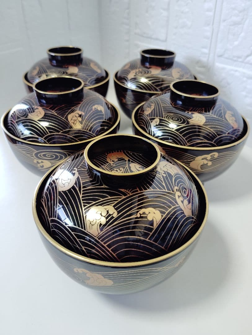 お正月　会津塗　坂本乙造　金彩蒔絵青海波　本漆仕上　蓋付お吸い物椀　雑煮椀　5客
