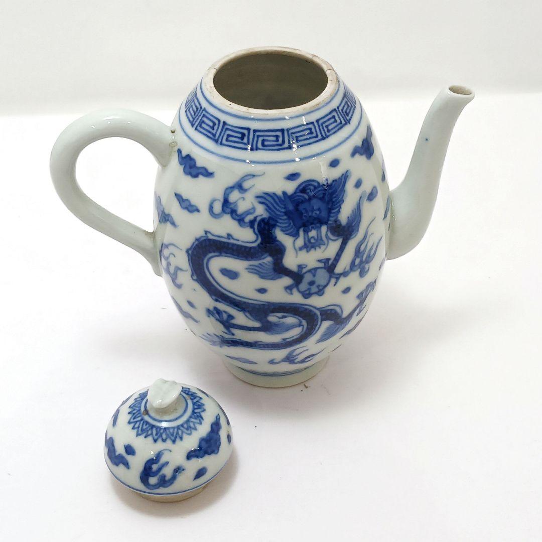 Y2466 清代唐物 新渡 古染付龍細密絵付急須 水注 萬歴年製　ma ten