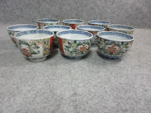 伊万里 色絵 錦手 猪口 10個 [B24087] 草花文 古玩 古美術