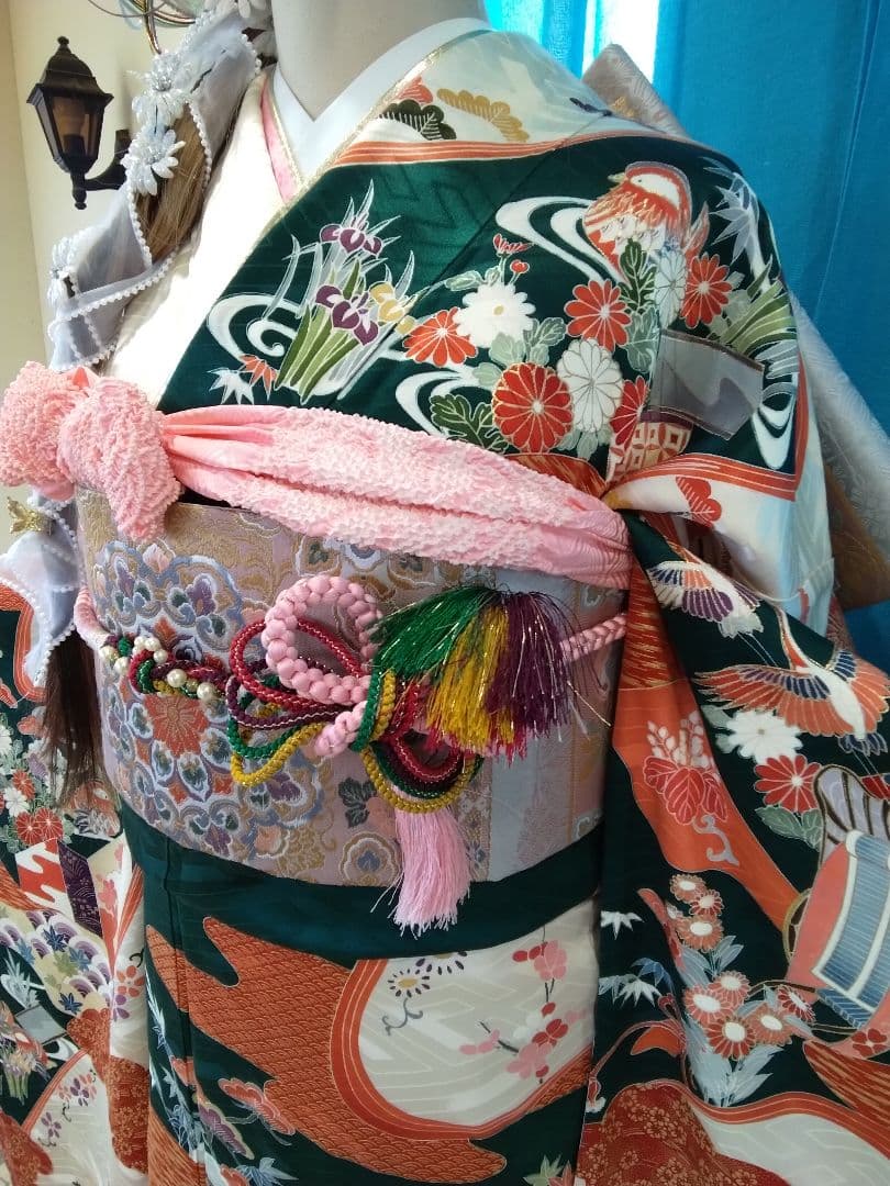 超お買得】振袖フルセット、正絹振袖成人式、重ね衿帯揚げ帯締め、西陣袋帯落款