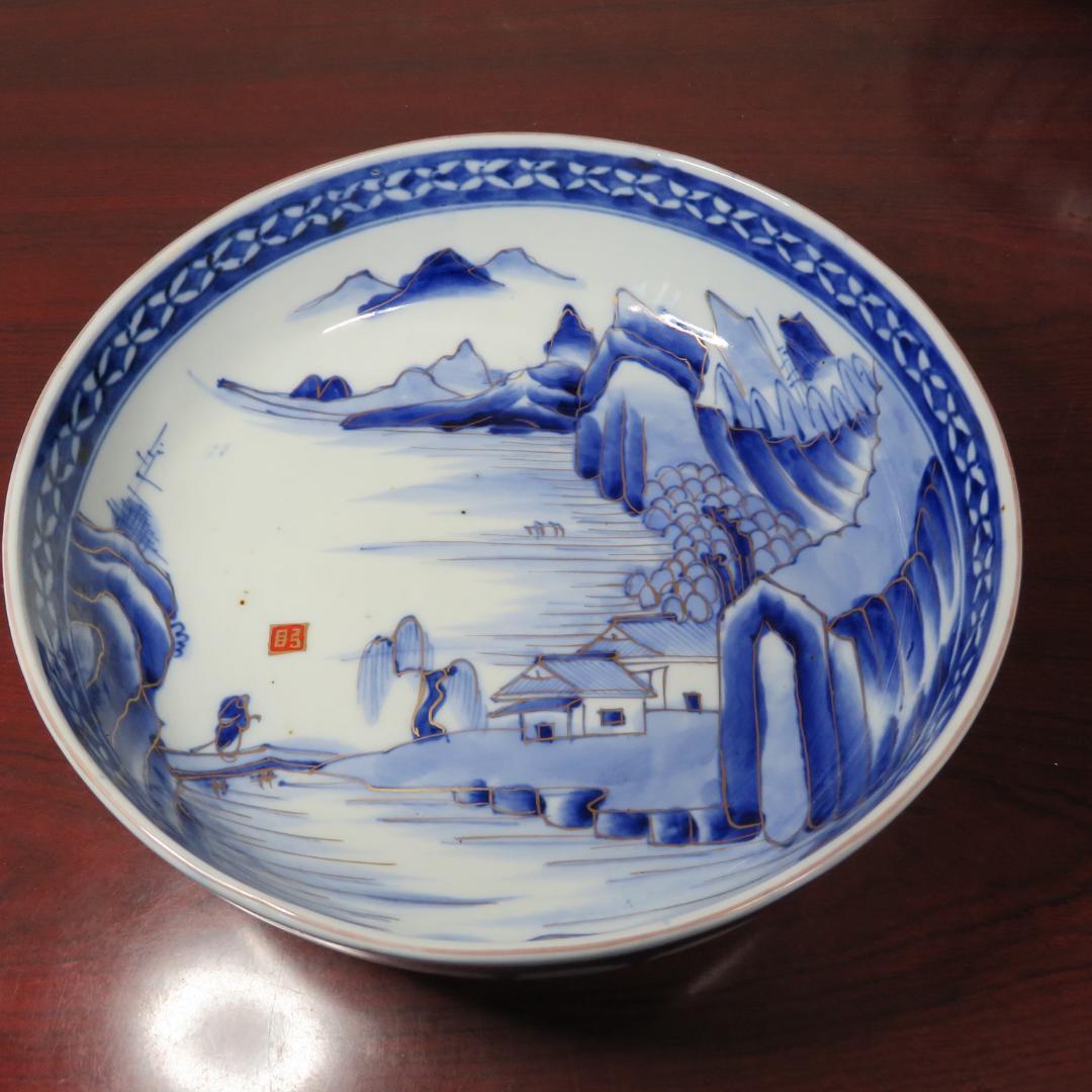 三組丼 山水 染付 二重高台 明治 三つ丼 三つ鉢 古伊万里 江戸 明治