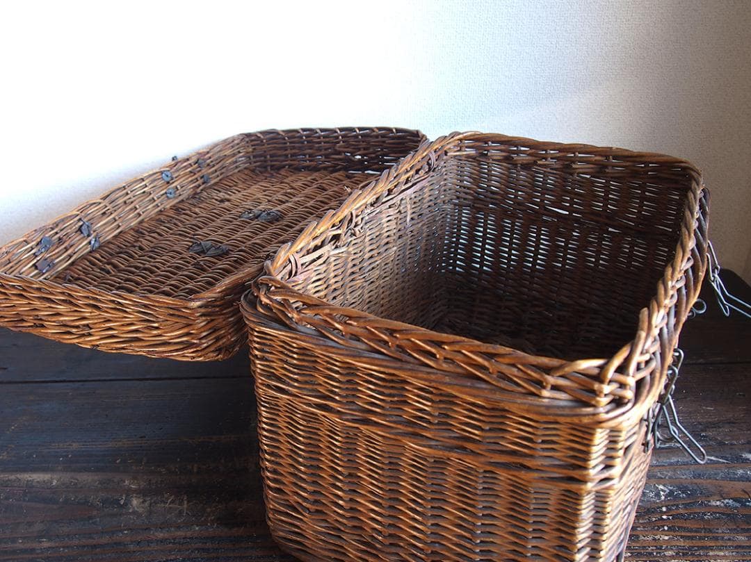 古いバスケット パニエ トランク ピクニック 旅行鞄 収納 欧州/K366