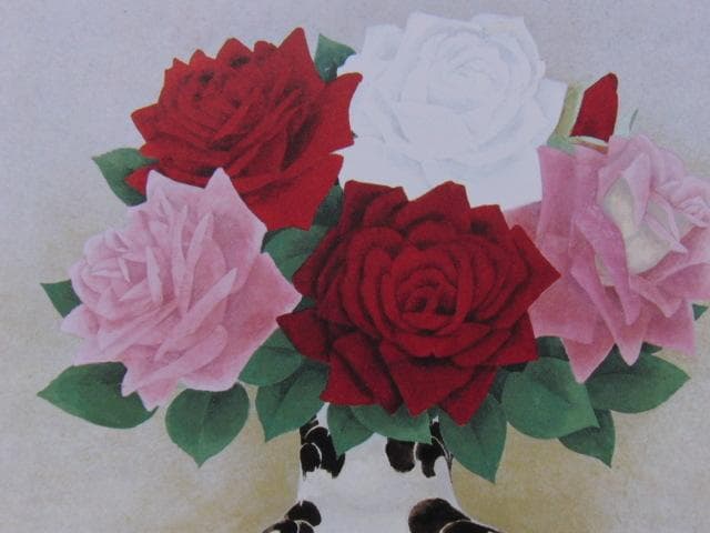 佐藤太清、【薔薇】、希少な額装用画集画、新品高級額 額装付、状態良好