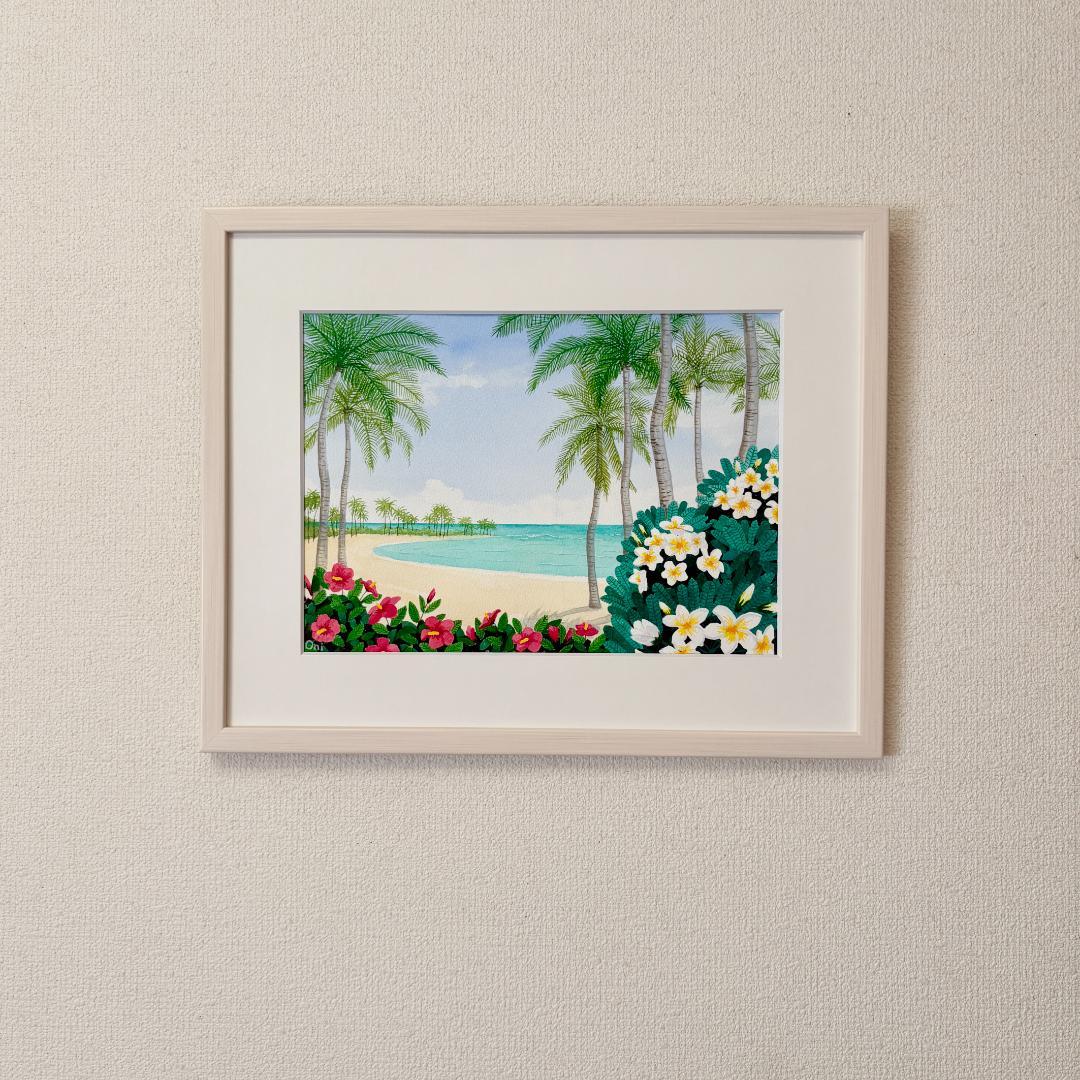 透明水彩画　原画　「ハイビスカスとプルメリア」額縁付き　F4サイズ　風景画
