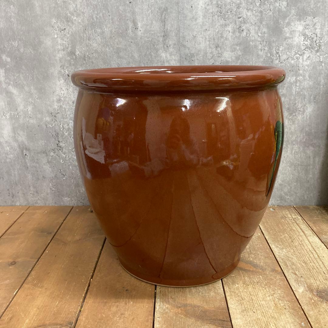 D-5 【大容量・大型】飴釉 陶器鉢 水連鉢 メダカ鉢 火鉢 アンティーク