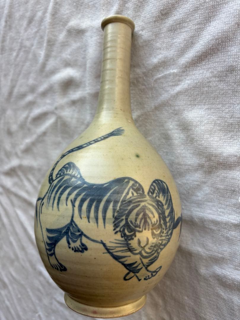 古伊万里　古染付 竹虎図 鶴首徳利　 花器 一輪挿し 時代物