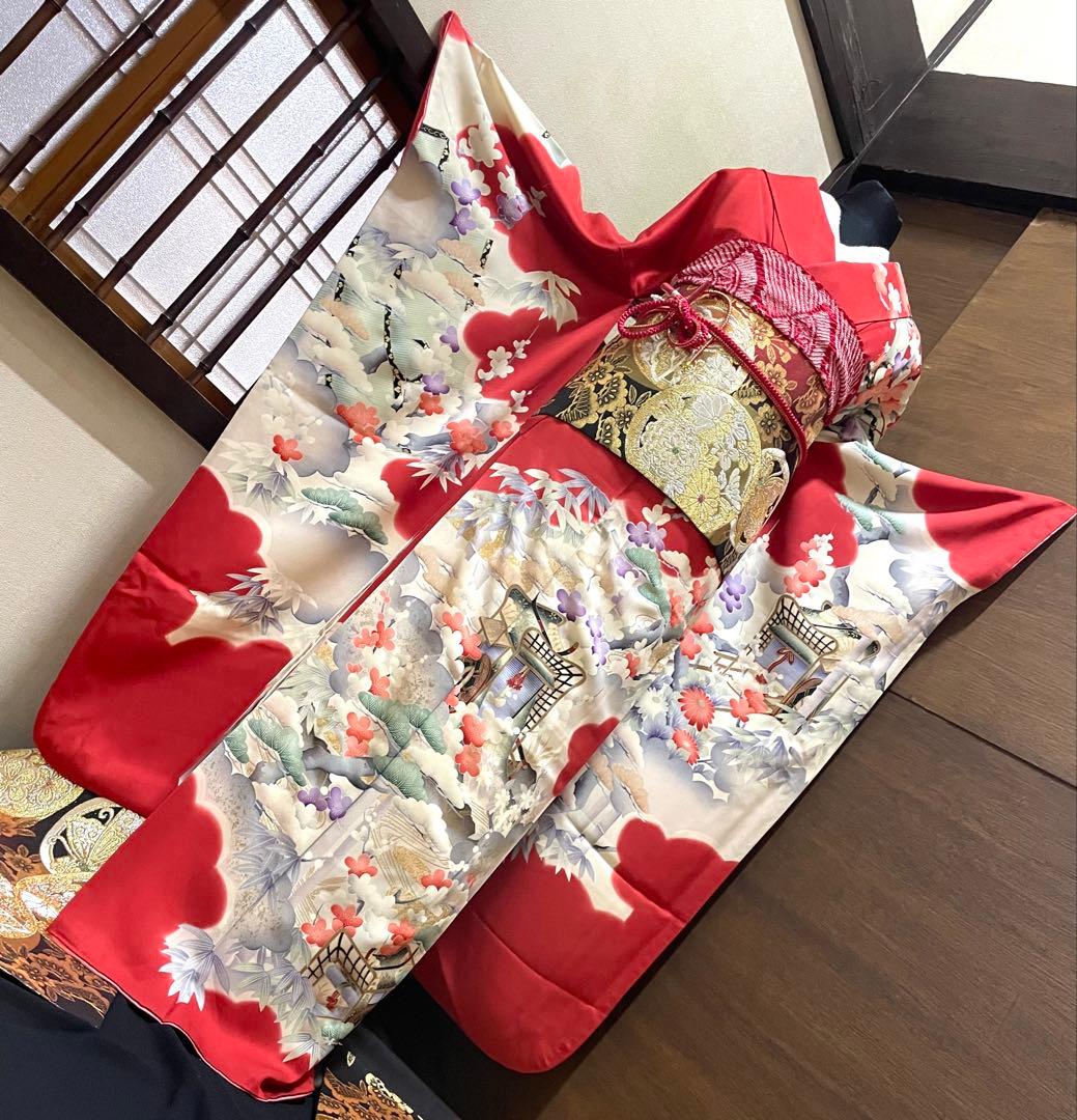 振袖フルセット6点サイズM〜Ｌサイズ御所車花文　松竹梅　暈し染め　金彩　正絹