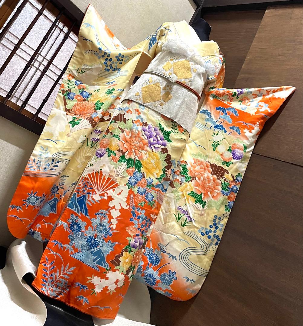 振袖 フルセット6点サイズM〜Ｌ 駒刺繍　扇面草花文　暈し染め　正絹