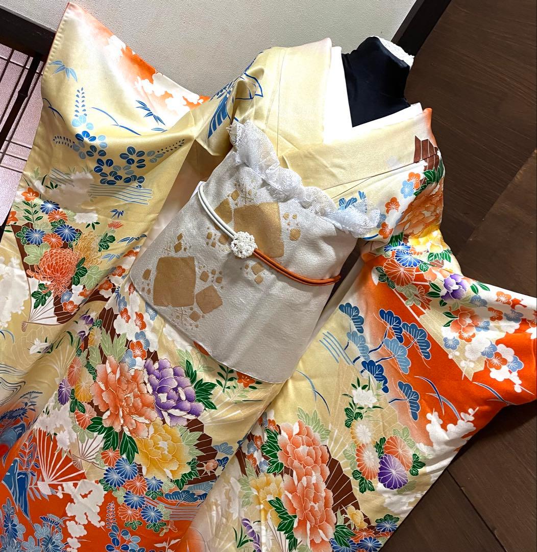 振袖 フルセット6点サイズM〜Ｌ 駒刺繍　扇面草花文　暈し染め　正絹