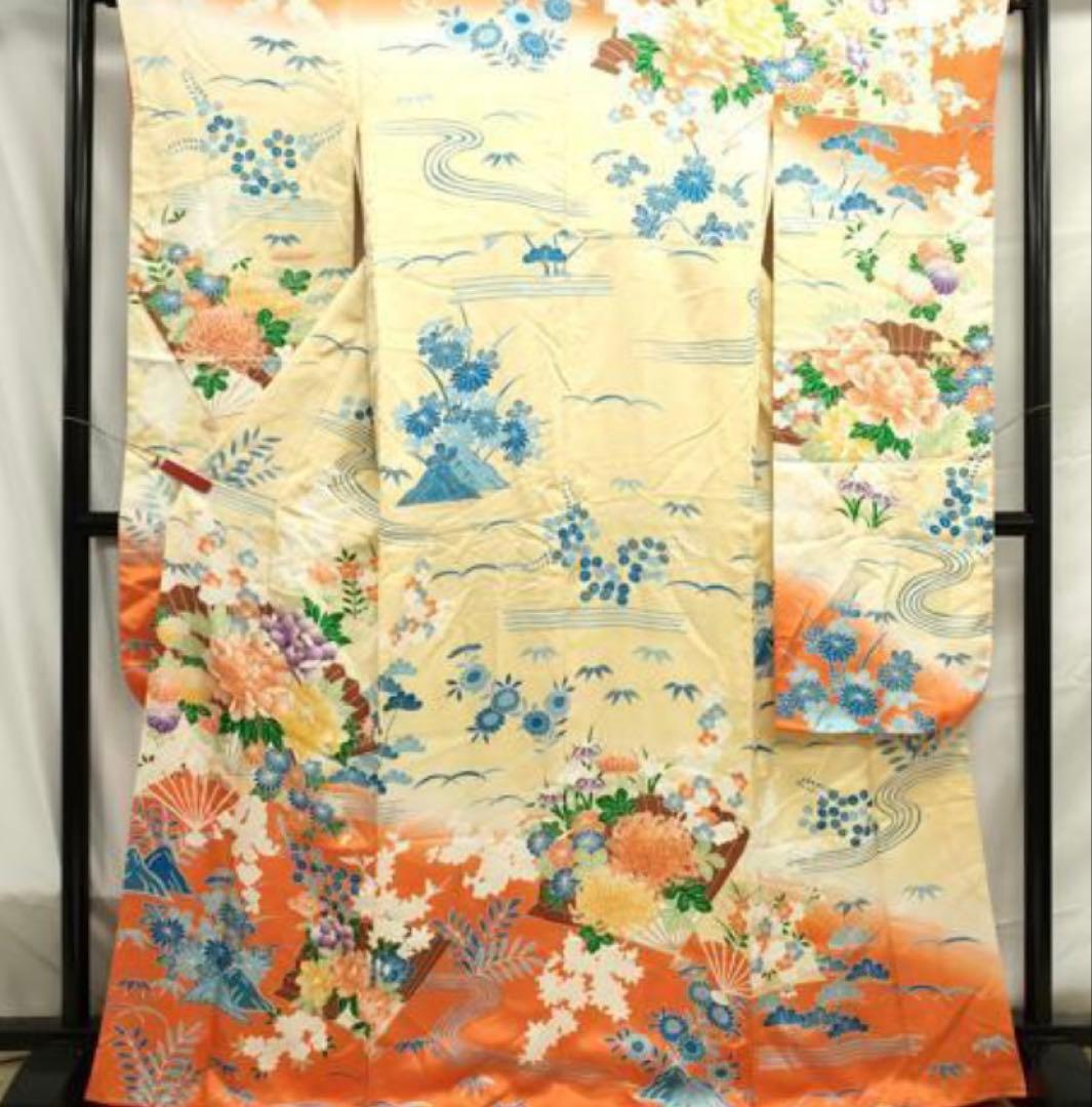 振袖 フルセット6点サイズM〜Ｌ 駒刺繍　扇面草花文　暈し染め　正絹